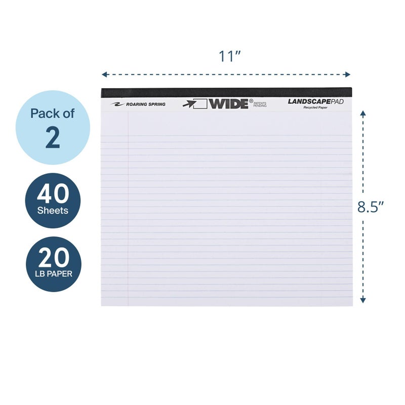 ROARING SPRING Wide Landscape Legal Pad, White, 2 Pads, 11" x 9.5", College-Ruled with Margin, 20 lb Recycled Paper, 40 Perforated Sheets, Made in USA - Image 3